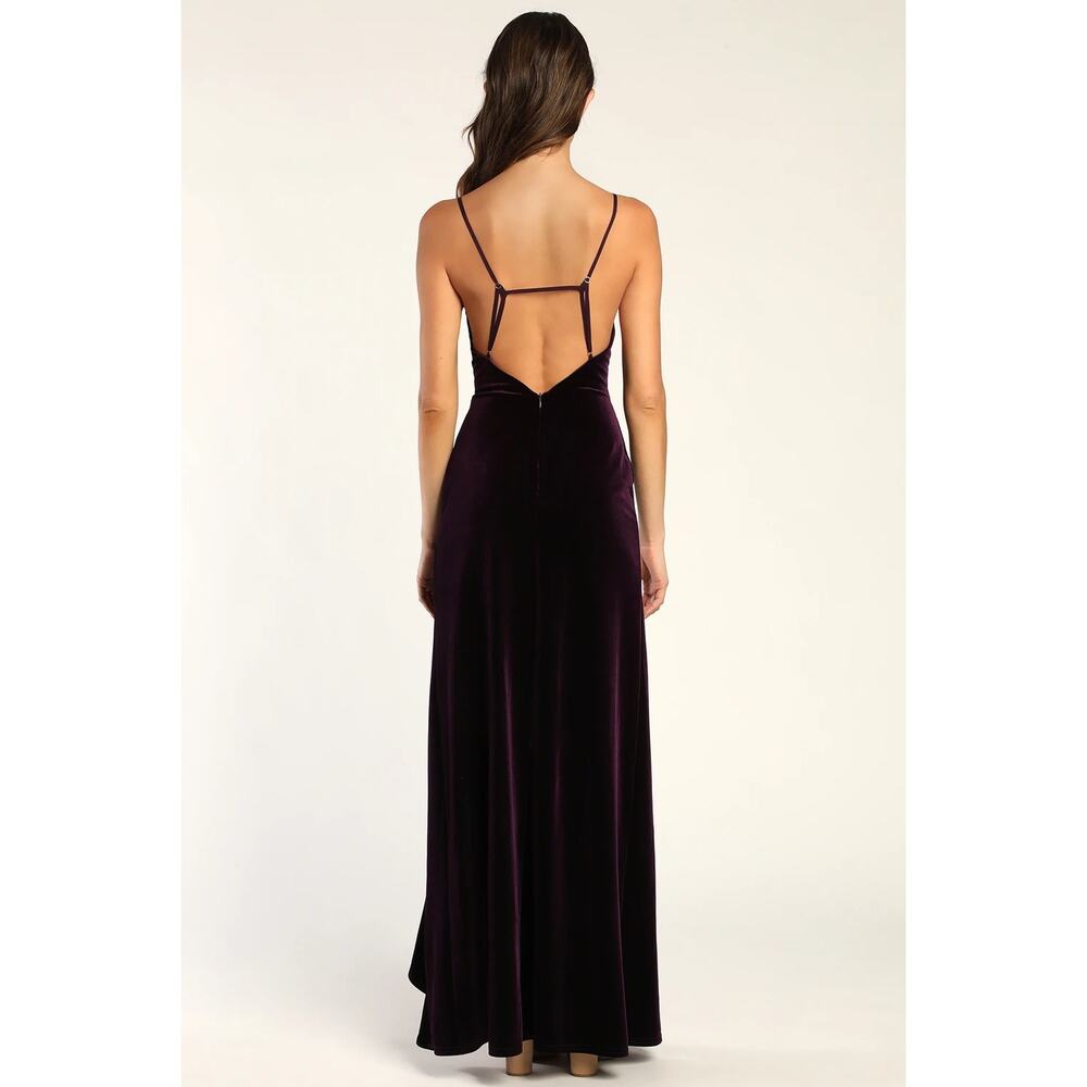 Lulus You Look Stunning Dark Purple Velvet Ruffled Maxi Dress Size L Formal NEW - Picture 3 of 15